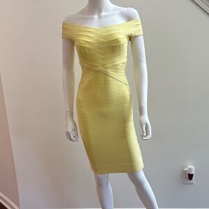 Elegant Herve Leger Yellow Off-Shoulder Dress
